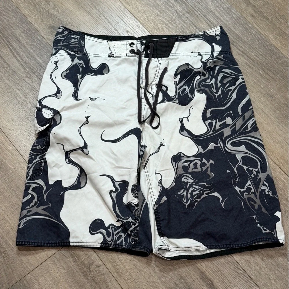 VTG Y2K Fox Racing Mens Board Shorts Size 36 Black White Graphic Swim Surf Cargo